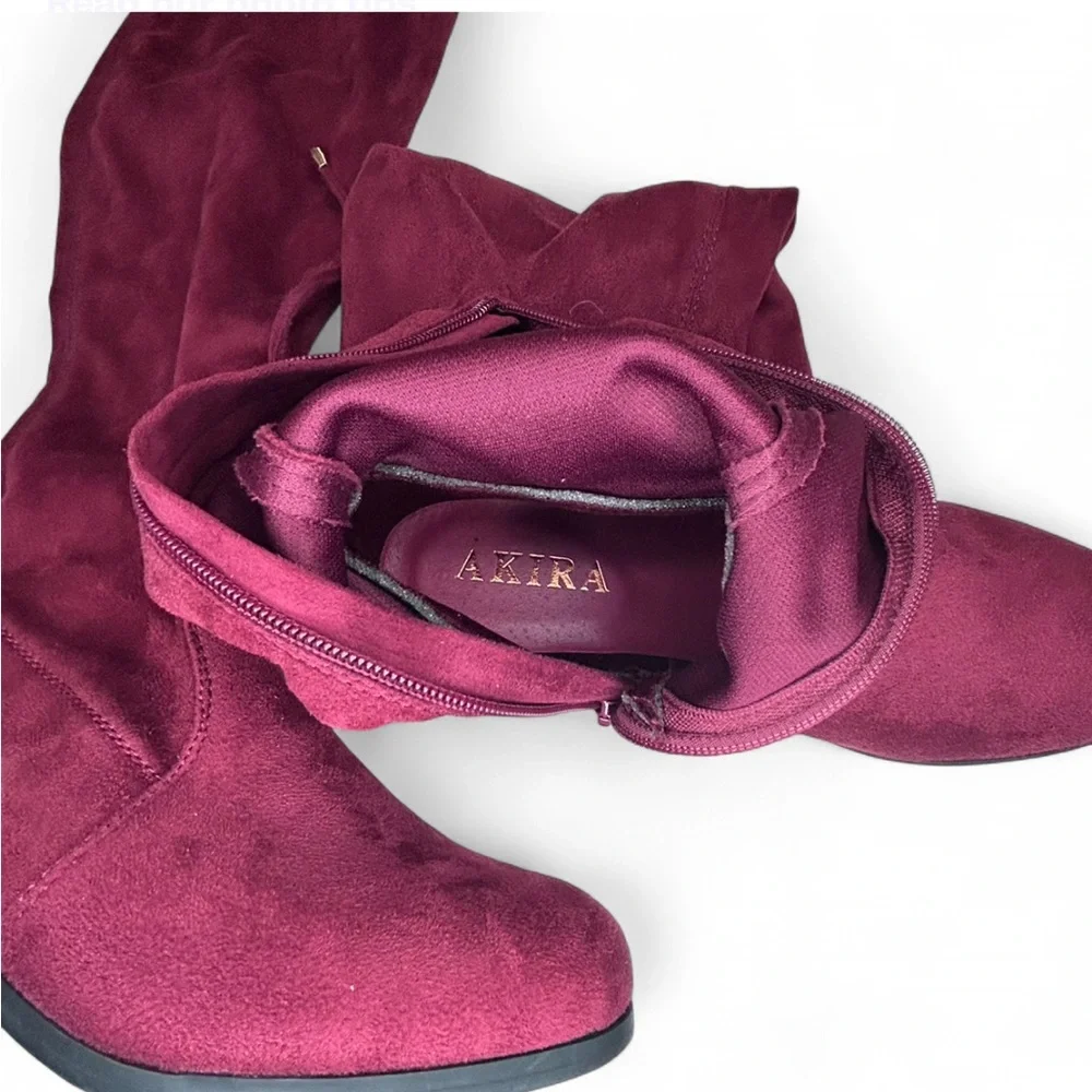 AKIRA Burgundy Over the Knee Boots with Chunky Sole and Lace-Up Design 7 NWT
